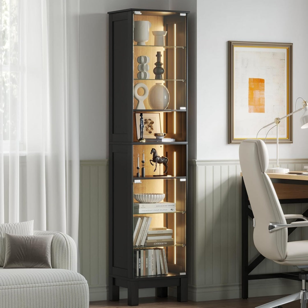 180cm glasvitrine stehend 8-lagen glasvitrine mit beleuchtung lichtemittierende diode vitrine mit glastueren verstellbare einlegeboeden modern sammlervitrine holz fuer wohnzimmer schlafzimmer 180x40cm schwarz
