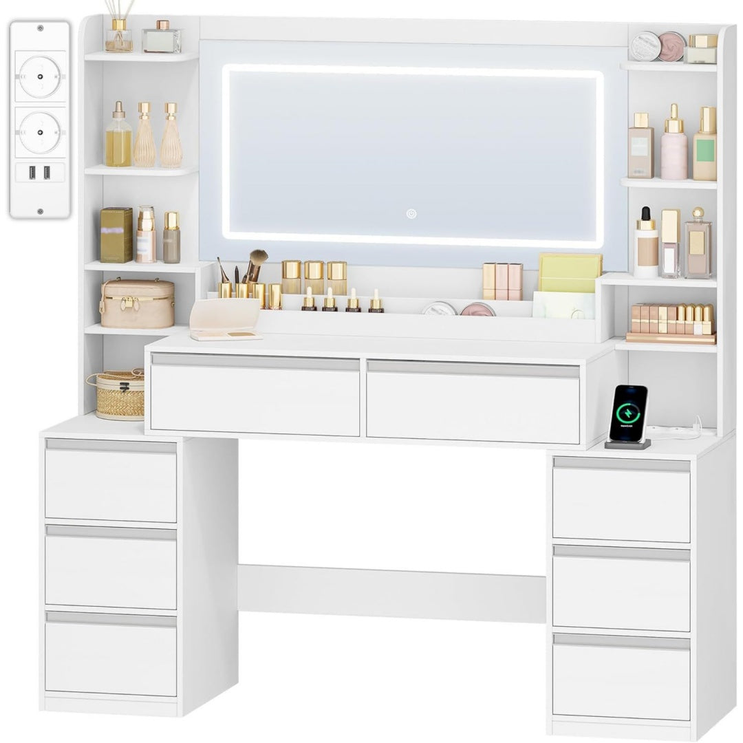 hexcelen 135cm schminktisch mit grosser spiegel weiss-silber frisiertisch und haartrocknerhalter 8 schubladen offenen faechern 135 40 1452 cm