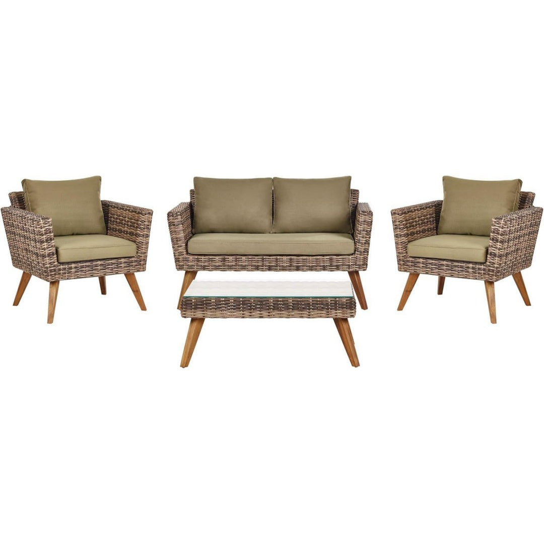 4-sitzer lounge set 4-teilig rattan dunkelbraun auflagen olivgruen vittoria