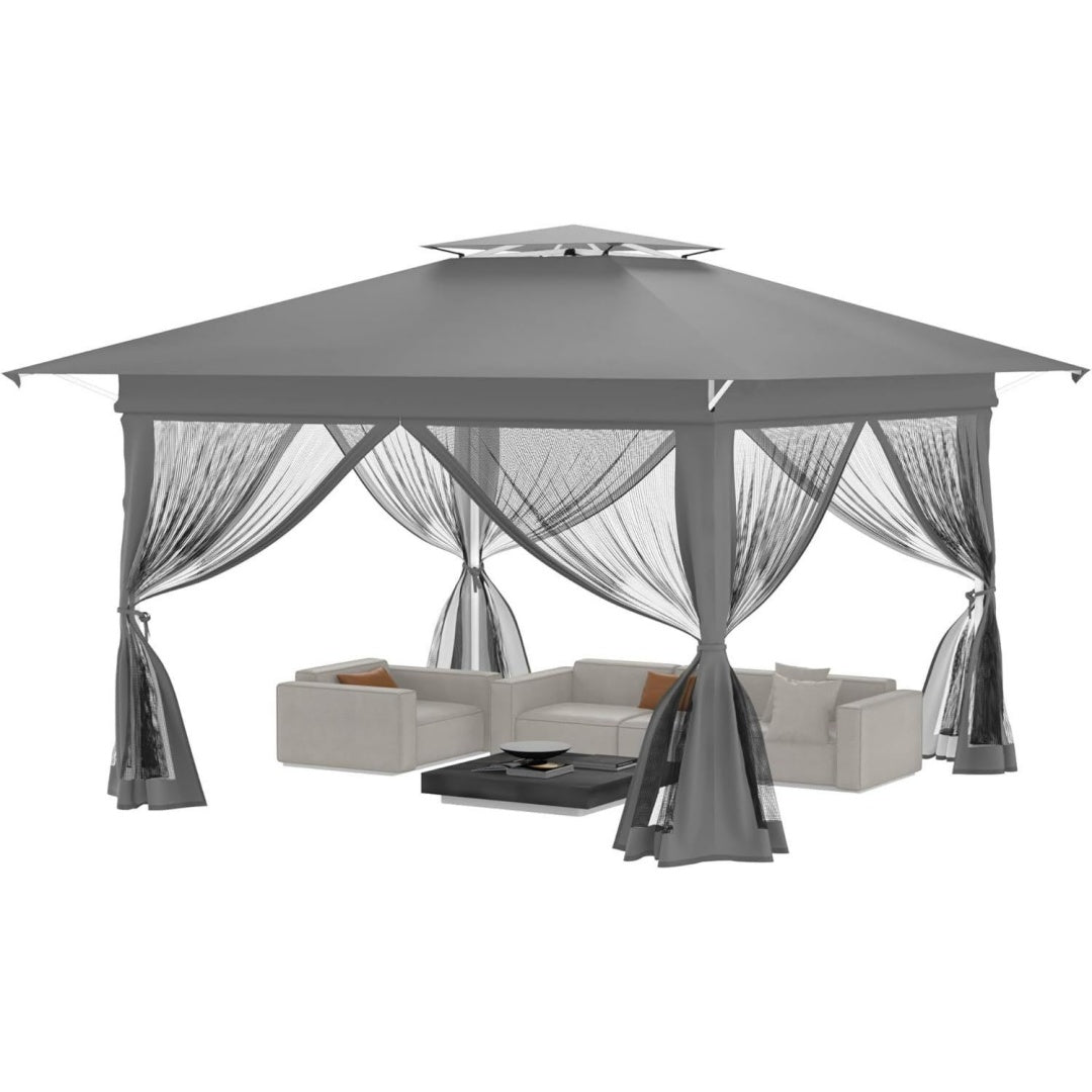 yrhome grau 3x3m dach 4x4m aufklappbar faltpavillonhoehenverstellbar stabiler gartenzelt mit doppeldach ink tragetasche4 moskitonetzen wasserdicht ultraviolett-schutz 210d oxford fuer garten