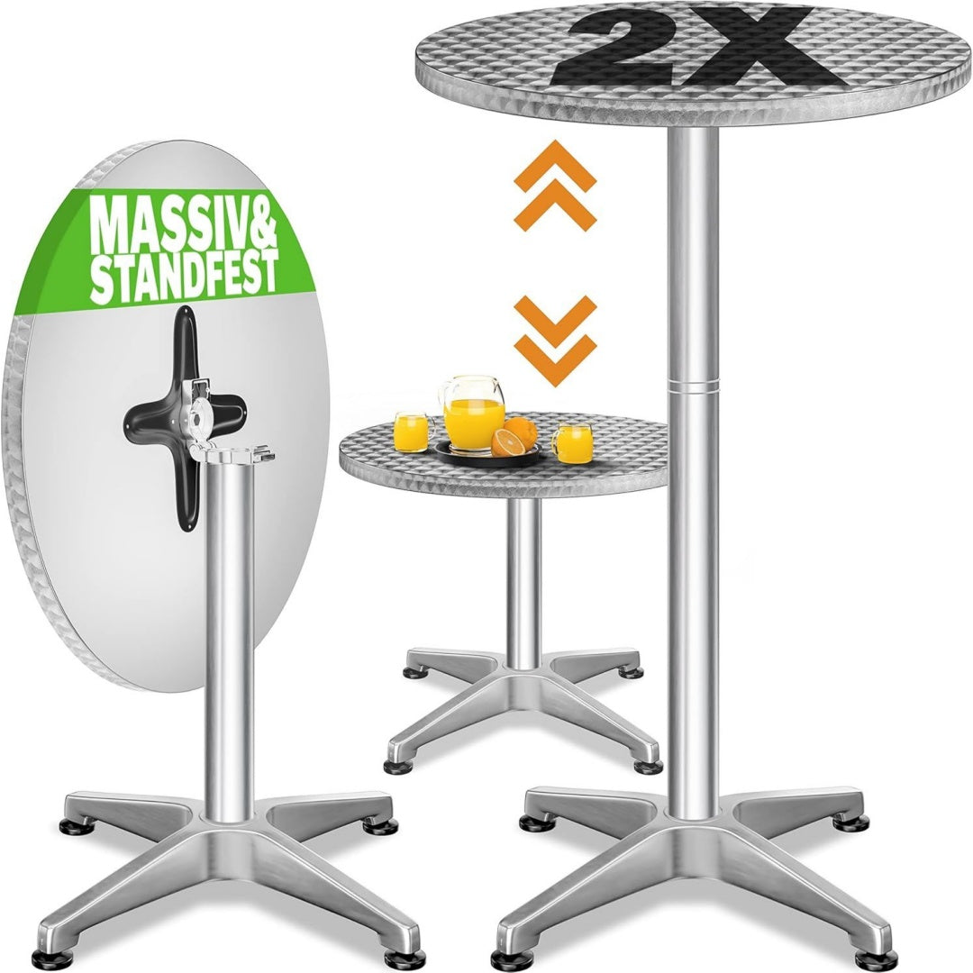 casaria stehtisch 2er set klappbar hoehenverstellbar 70 oder 115 cm hoch aluminium wetterfest silber 60 cm breit rund camping garten party gastro