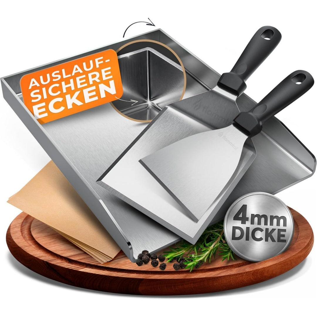 flammtal - grillplatte aus 4mm rostfreiem edelstahl 40 x 30cm - plancha mit grillspachtel set burgerpapier - passend fuer gas- kohlegrill - auslaufsichere ecken fuer sauberes grillen