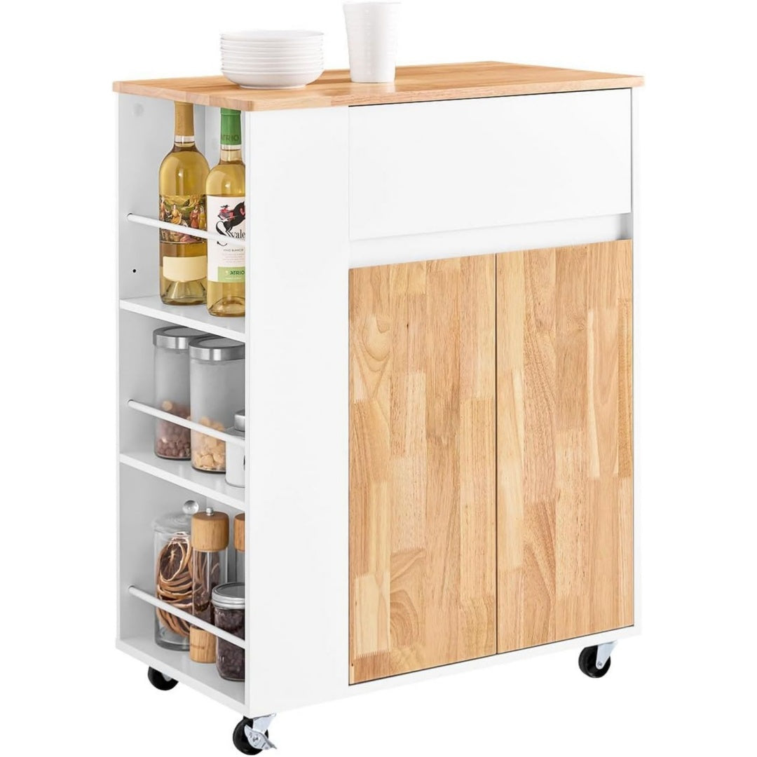 servierwagen mit rollen 3 ablagen schutzstaeben 709040cm kuechenwagen mit schublade schrank verstellbaren boeden 68 kg tragkraft mdfgummibaum fuer kueche esszimmer fkw132-wn