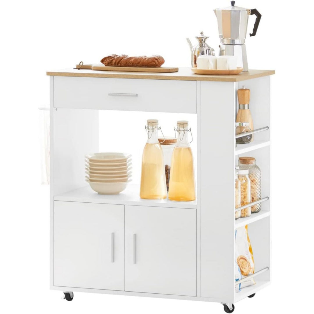 kuechenwagen mit bremsrollen arbeitsplatte 82x88x46 cm fuer kueche servierwagen mit schublade mikrowellenfach 3 seitenregalen handtuchhalter 75 kg tragkraft weiss fkw113-wn