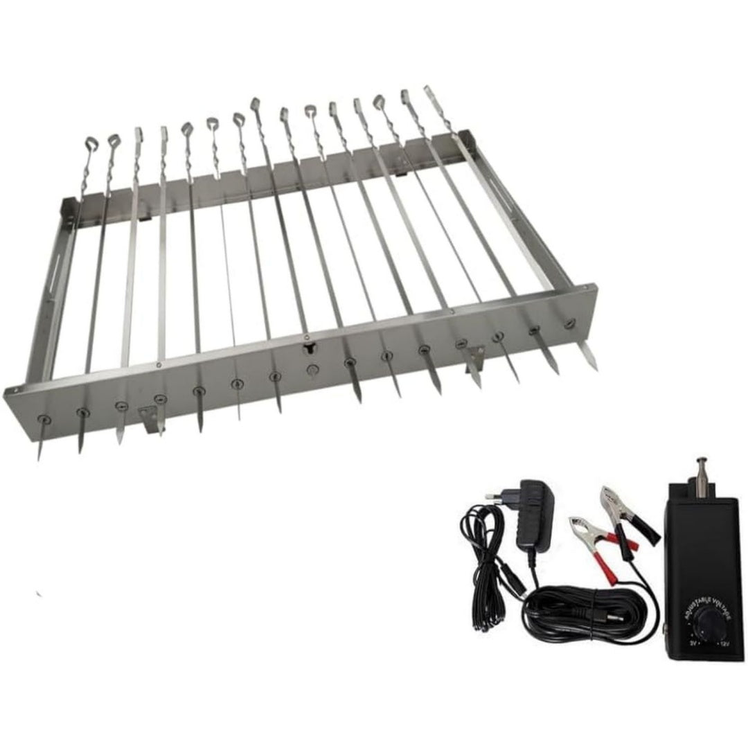 walexo spiessdreher aus edelstahl mit regelbarem 3 bis 12 volt motor 10 watt inklusive 15 grillspiesse verstellbarer aufsatz fuer mangal grill und andere modelle