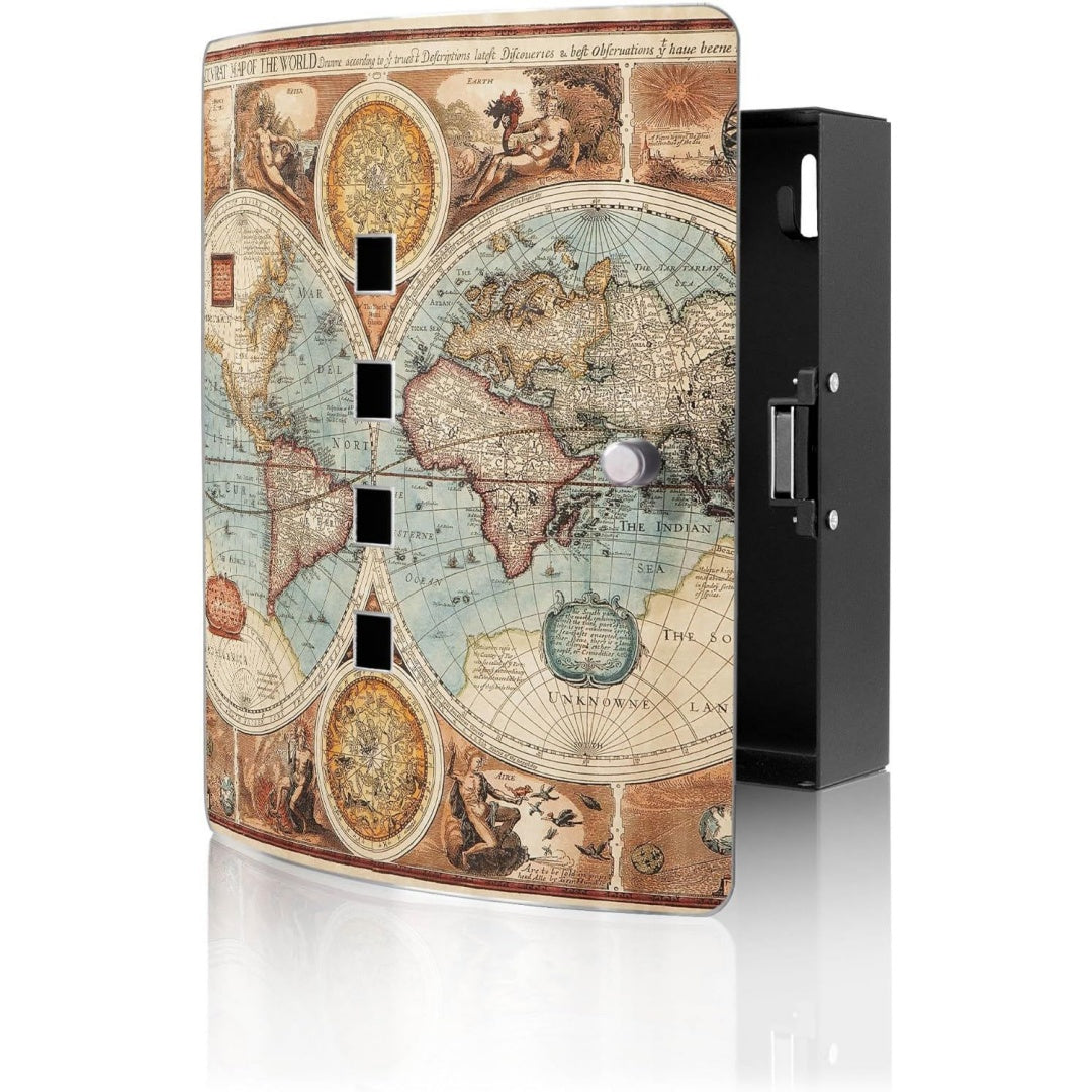 banjado design schluesselkasten aus edelstahl fuer 10 schluessel - schluesselschrank zur schluessel aufbewahrung 24 x 215 x 7cm gross mit praktischem magnetverschluss - motiv historische weltkarte