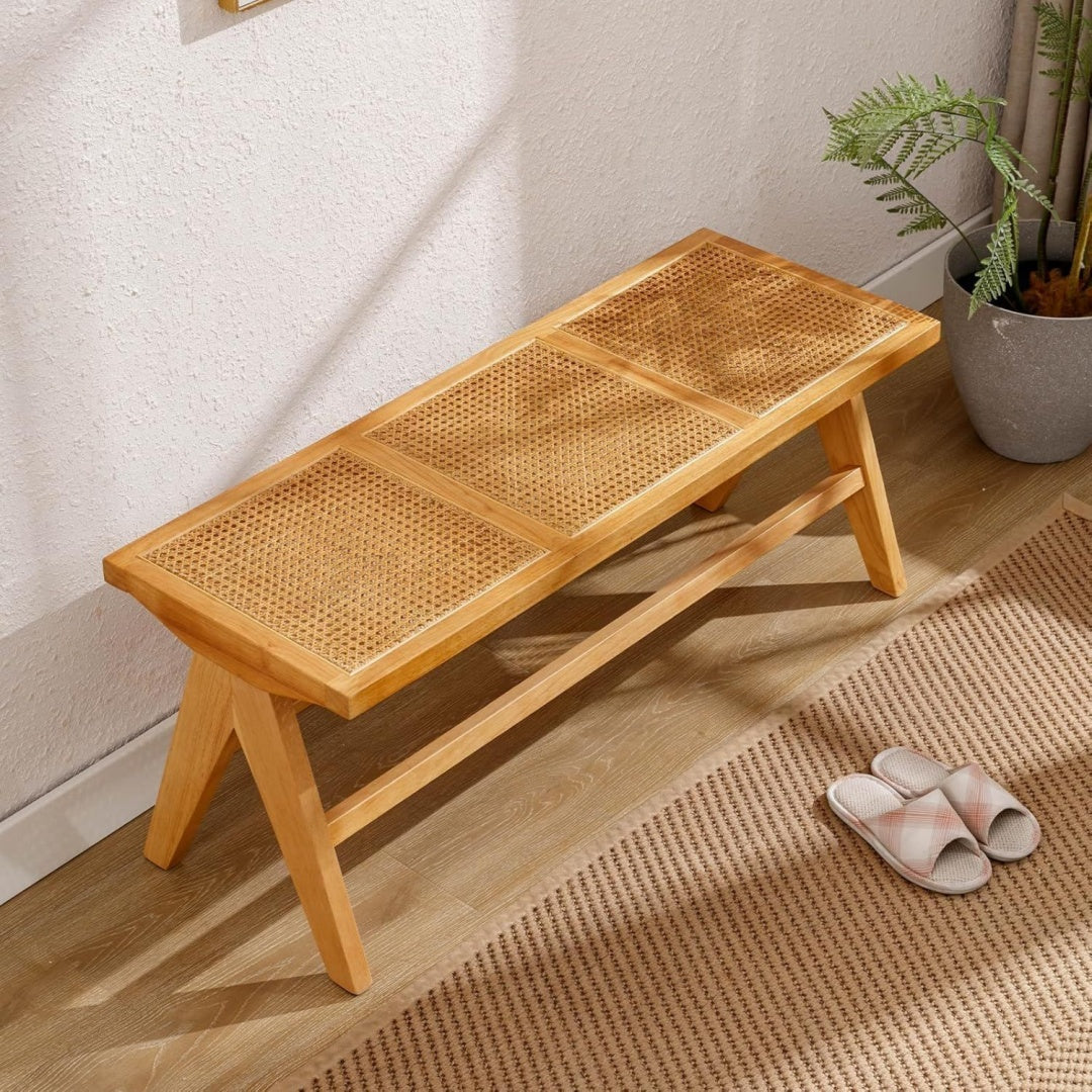 chairus esszimmerbank rattan geflochten massivholzbeine landhaus stil gelb geflochtene rattan-oberflaeche massivholzbeine landhaus-stil ottomane fuer kueche schlafzimmer eingangsbereich