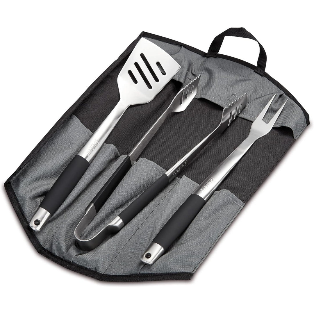 premium grillbesteck edelstahl 3-set inklusive 8786 grillzange grillwender grillgabel faltbare tasche grill-zubehoer gasgrill grill schwarz