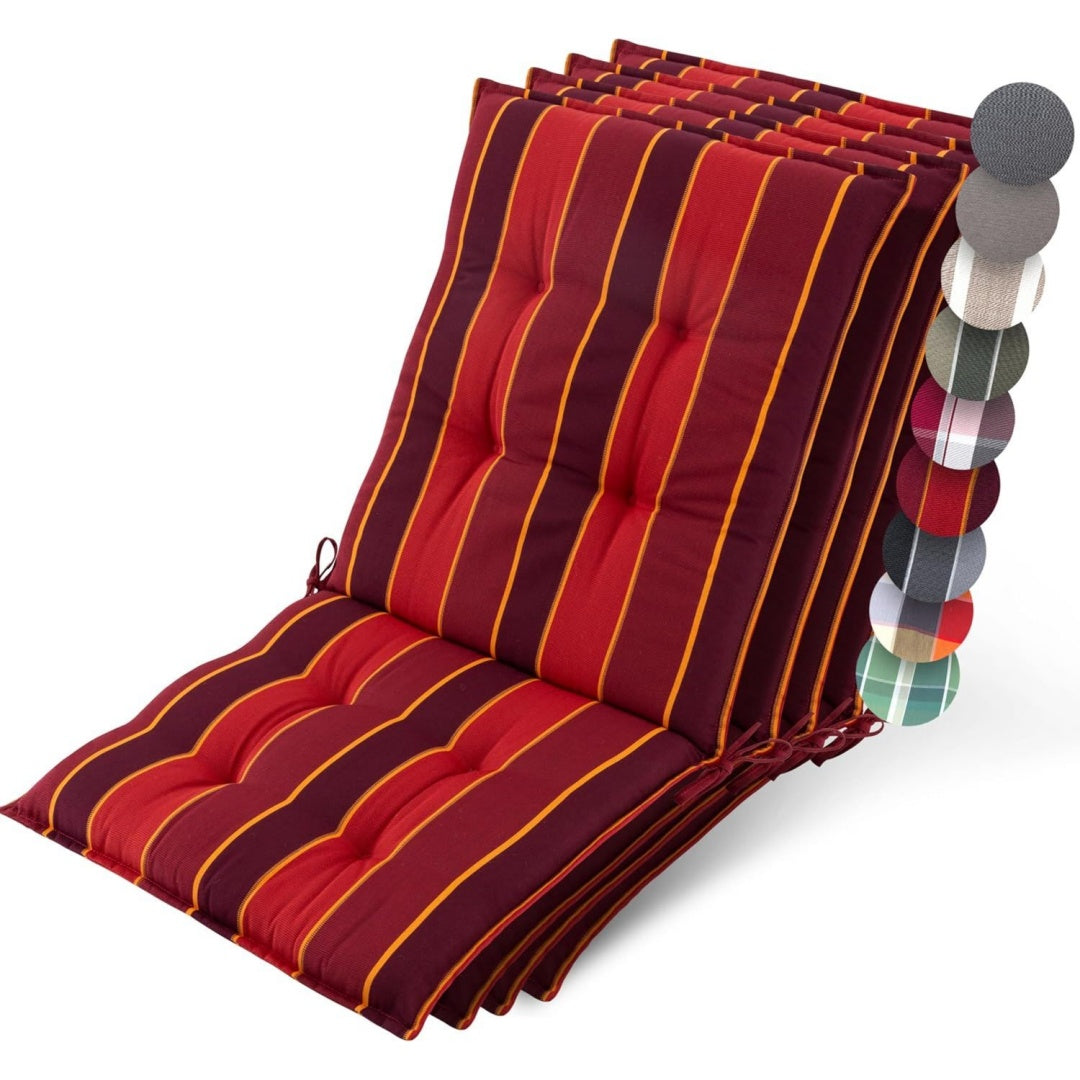beautissu 4er set premium niedriglehner auflage gartenstuhl rutschfest 100x50cm 8cm dick rot gestreift robuster stoff polster befestigungsbaender ultraviolett-lichtechtheit 5 gartenstuhlauflage robust sun-nl